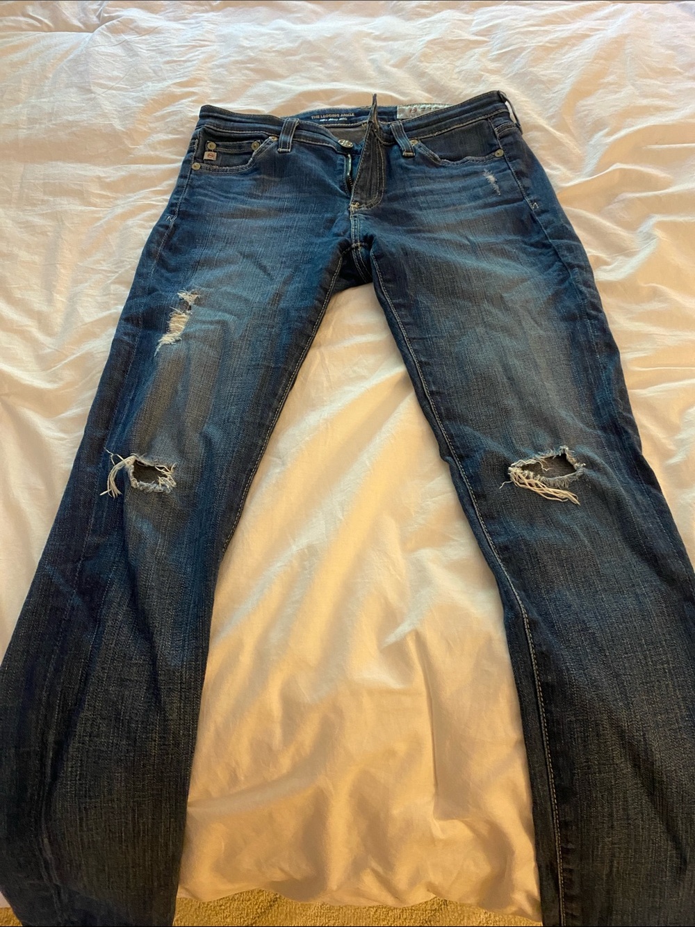 Ag Adriano Goldschmied Dark Blue Straight-Leg Distressed Jeans
